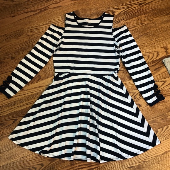 Girls navy/white striped knit dress